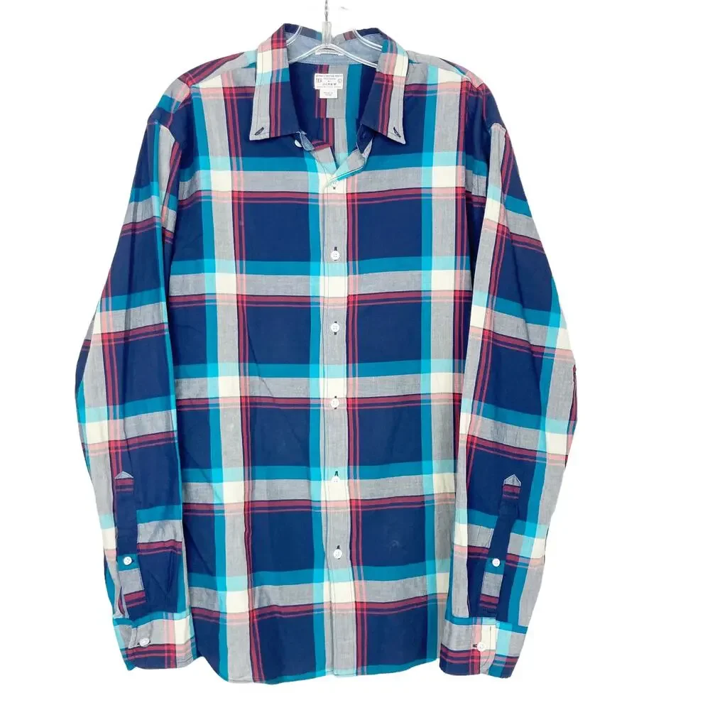 J. Crew Blue Red Gray Plaid Long Sleeve Button Down Sz L